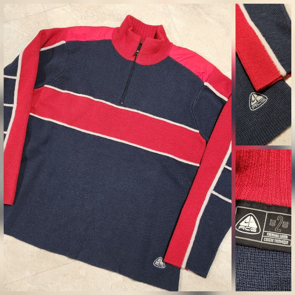 VTG 90s NIKE ACG Mens XL Thermal Layer 100% Wool Knit‎ Sweater 1/4 Zip Pullover